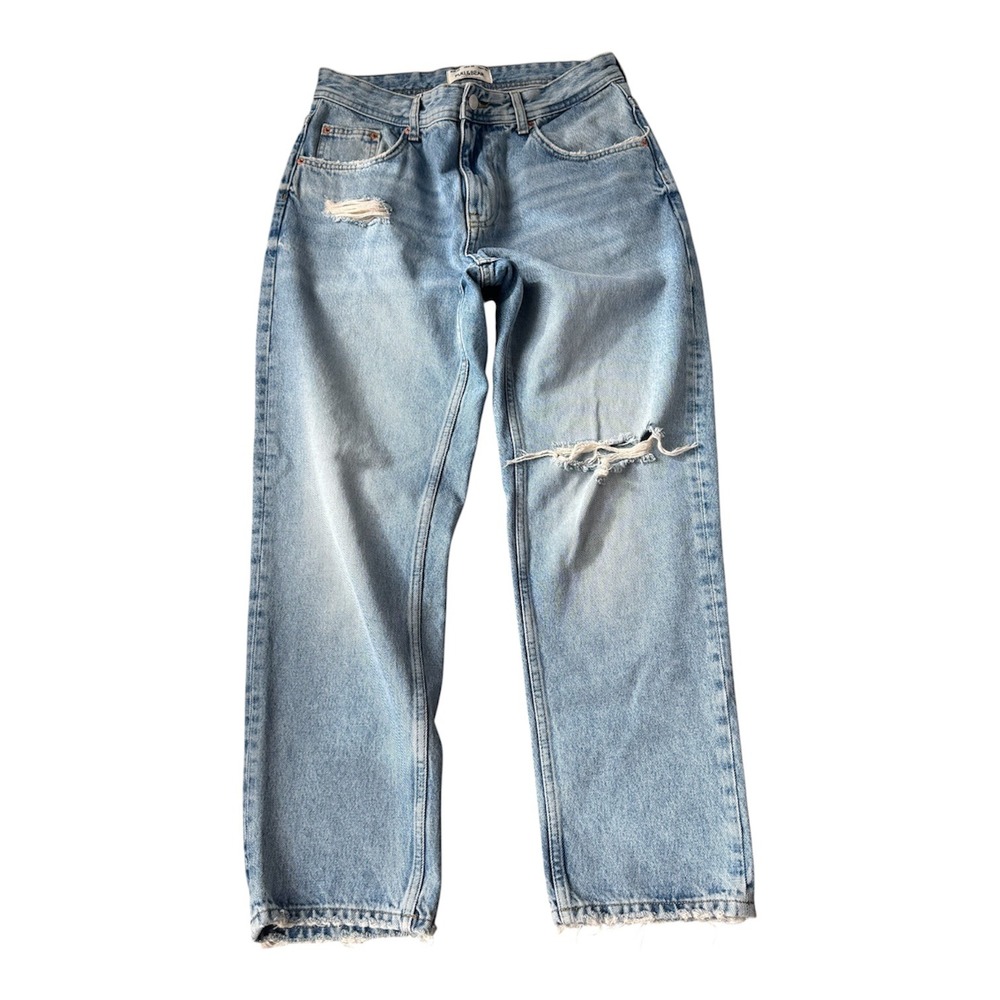 Pull & Bear Mens‎ 32 Distressed Straight Leg Jeans Light Wash Raw Hem Skater Y2K